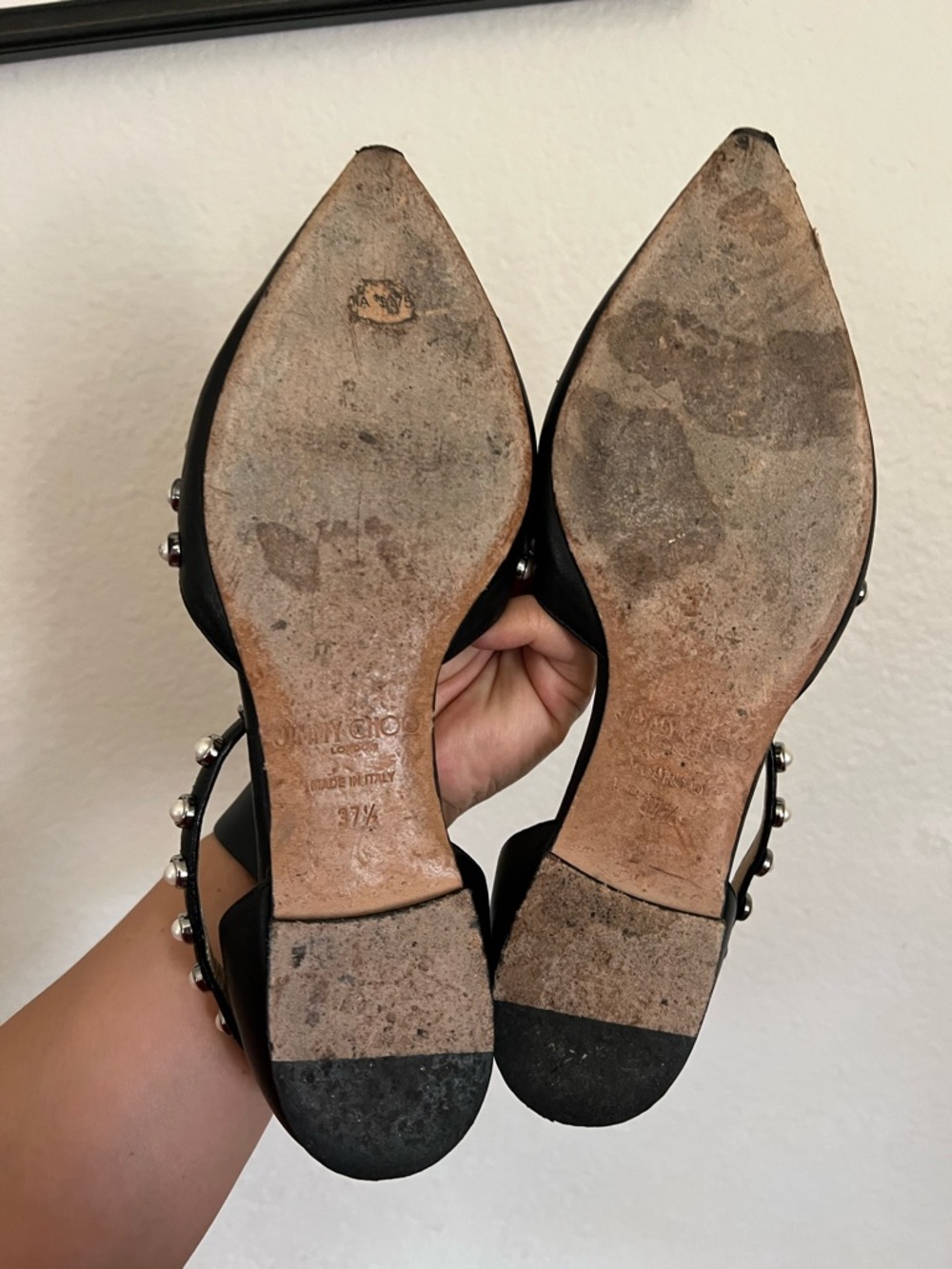 Jimmy Choo Leema Black Leather Pearl Embellished Ankle Strap Flats Size 37.5 - Picture 8 of 11